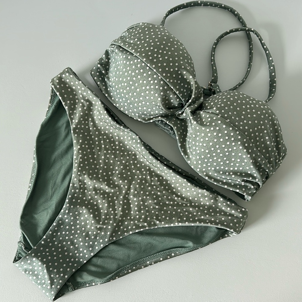 H&M Bikini Green White Polka Dot Swimwear Padded Bathing Suit / Size Small